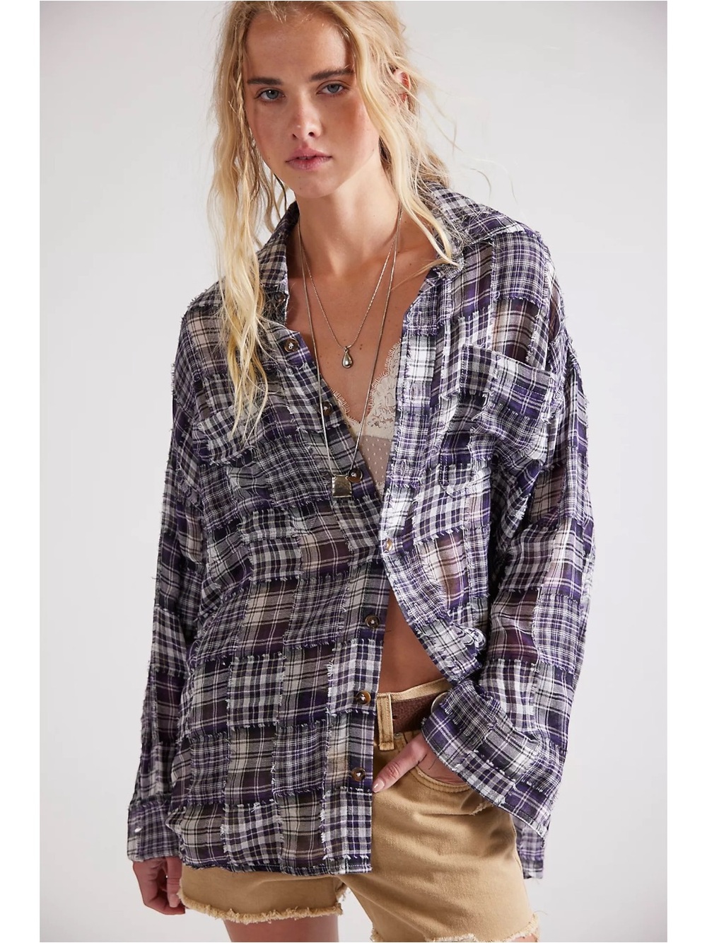 Free People The Tales Frayed Patchwork Check Shirt in Plaid Blue Purple XL NWT